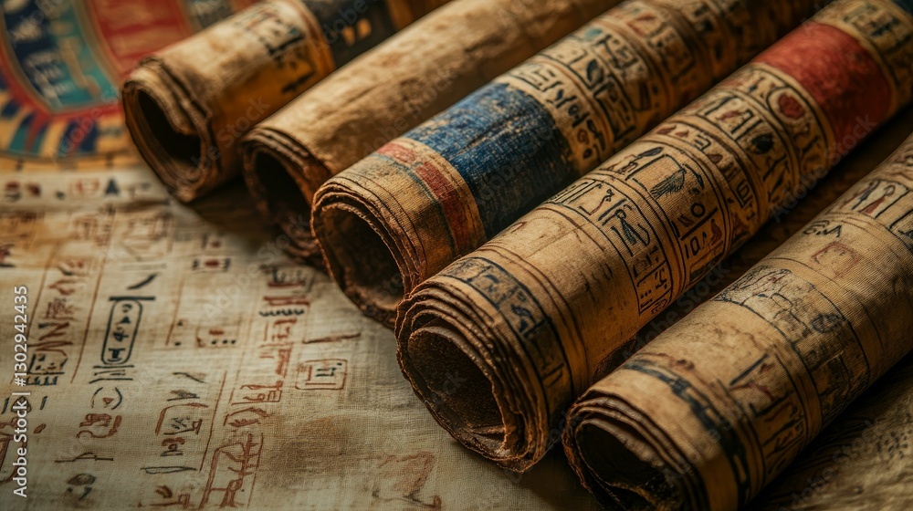Ancient scrolls featuring hieroglyphic Egyptian writings. Ancient scrolls featuring hieroglyphic Egyptian writings.