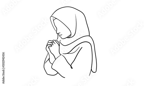 Young muslim woman in burqa prays, continuous line art drawin. Oriental girl in traditional clothes. Vector illustration isolated on white background 