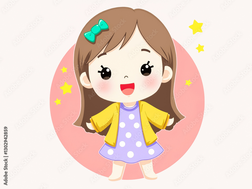 cheerful cartoon girl in a polka-dotted dress and yellow cardigan cheerful cartoon girl in a polka-dotted dress and yellow cardigan