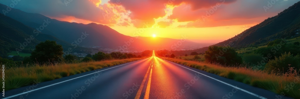 Naklejka premium Sunset asphalt highway climbs towards green mountains and distant city skyline , road, horizon, rock