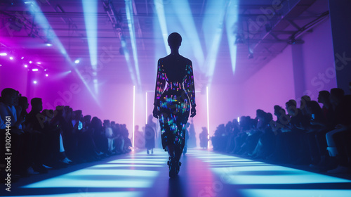 Model walking on runway at fashion show showcasing designer clothing and couture style in a glamorous event with vibrant lighting and audience presence
