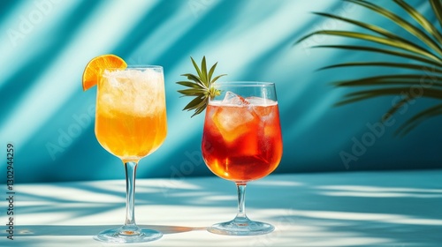 Wallpaper Mural Two beautifully crafted cocktails sit on a bright table, basking in sunshine. One is a citrus delight with an orange slice, while the other is a rich red, garnished with a leafy accents Torontodigital.ca