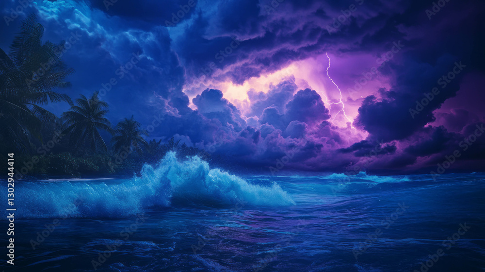 Fototapeta premium Dramatic storm over tropical island with thunderous waves and dark skies