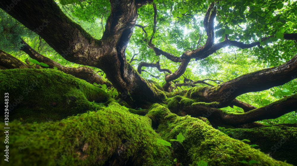 Ancient tree with rough bark and deep grooves in lush forest setting Ancient tree with rough bark and deep grooves in lush forest setting