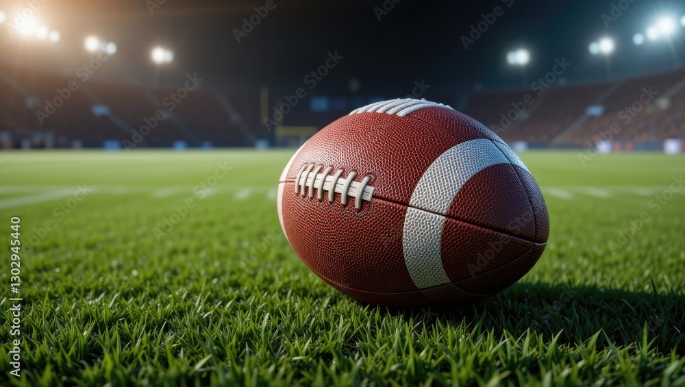 Close-Up of a Football Resting on the Grass at a Night Stadium with Bright Lights and Action Ready Atmosphere Close-Up of a Football Resting on the Grass at a Night Stadium with Bright Lights and Action Ready Atmosphere