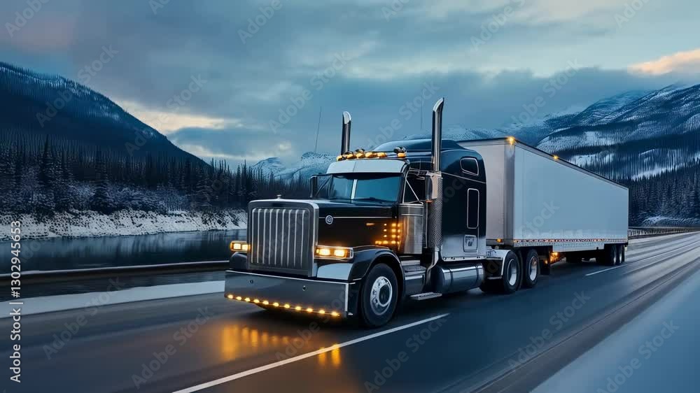 Snowy mountain journey with a large truck traveling along a winding road at dusk Snowy mountain journey with a large truck traveling along a winding road at dusk
