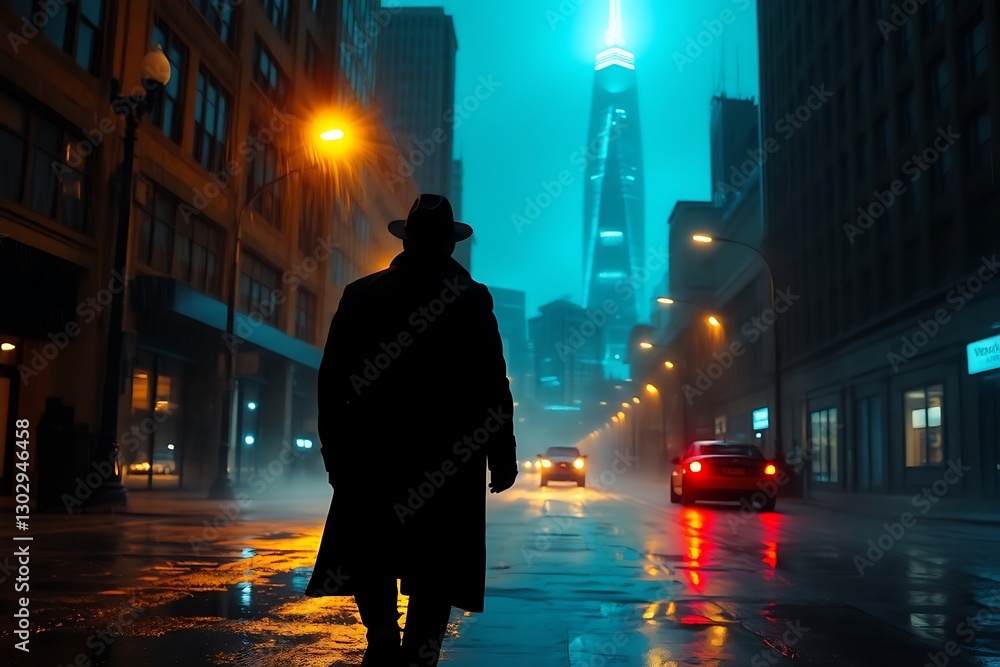 A Mysterious Figure in a Long Dark Coat and Hat Walking Alone on a Rain-Soaked City Street at Night A Mysterious Figure in a Long Dark Coat and Hat Walking Alone on a Rain-Soaked City Street at Night