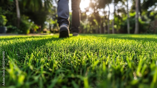 太陽の光を浴びながら芝生の上を歩く人