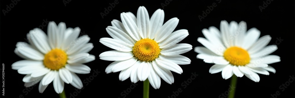 Three white daisies, yellow centers, green stems, black background Close-up macro , spring, wildflower, plant Three white daisies, yellow centers, green stems, black background Close-up macro , spring, wildflower, plant