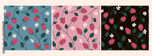 Pink strawberry seamless pattern with leaves and flowers on blue, pink and black background