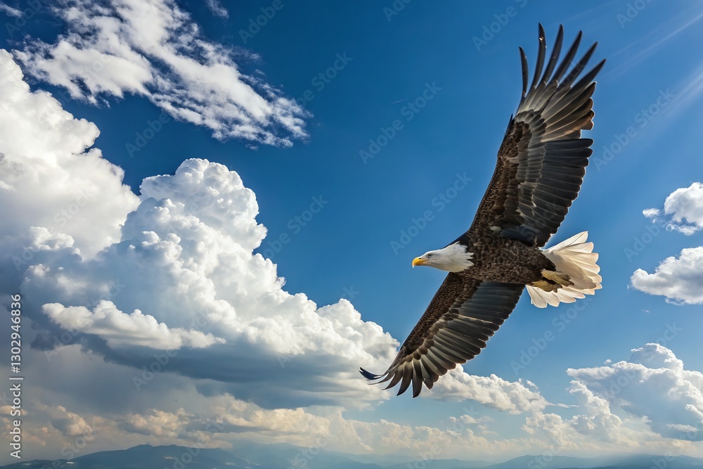 Fototapeta premium Majestic Bald Eagle Soaring Through Dramatic Sunset Skies