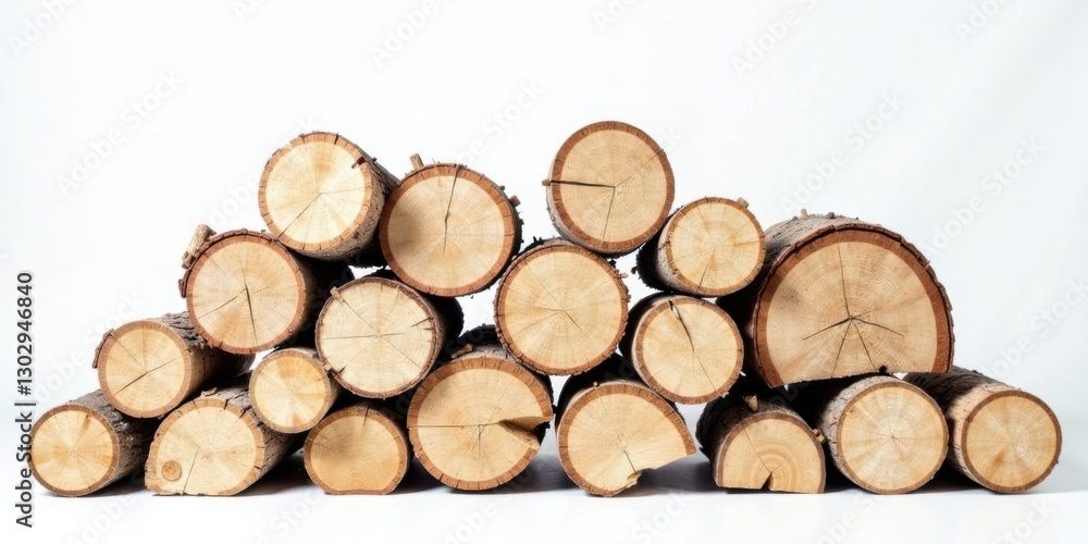 A neatly stacked pile of freshly cut logs rests on a bright white background, ready for use. A neatly stacked pile of freshly cut logs rests on a bright white background, ready for use.