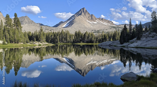 A tranquil lake reflecting a perfectly symmetrical mountain peak