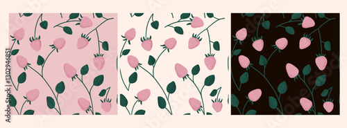 Pink strawberry seamless pattern with leaves on cream, blush and black background
