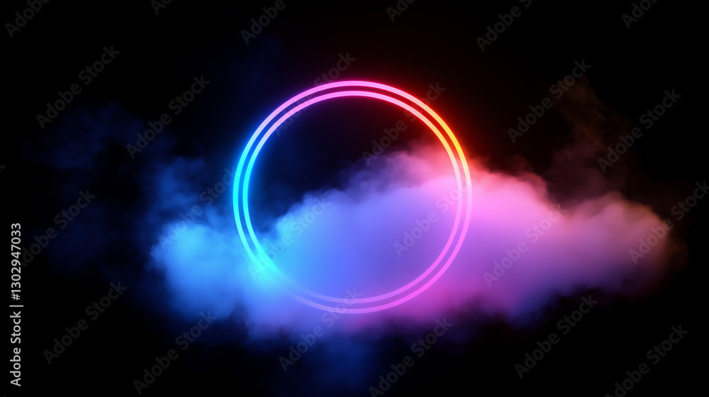 Futuristic neon-illuminated cloud with a glowing circular frame on a dark background, enhanced by abstract smoke and mist. Perfect for modern concept art, sci-fi themes, and atmospheric digital design Futuristic neon-illuminated cloud with a glowing circular frame on a dark background, enhanced by abstract smoke and mist. Perfect for modern concept art, sci-fi themes, and atmospheric digital design