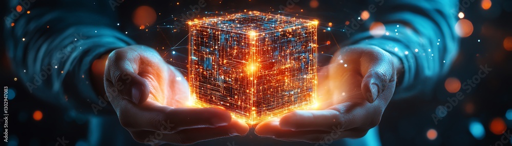 Fototapeta premium Futuristic hands supporting a radiant cube filled with data streams