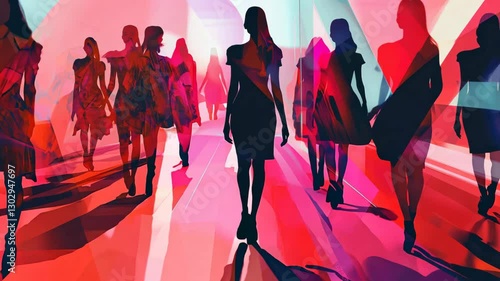 Colorful Fashion Runway Showcasing Abstract Silhouettes of Women in Vibrant Patterns and Shapes