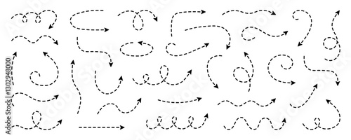 Dash line arrows doodle set.  Dotted zigzag arrow stripes, curved pointers. Hand drawn vector illustration isolated on white background