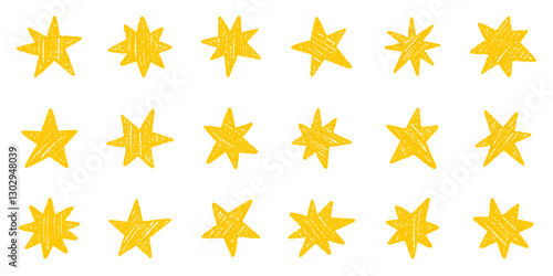 Chalk pencil stars and sparkles doodle set. Crayon Twinkle, blink, firework, glitter silhouette and glowing symbols in sketch style, Hand drawn vector illustration isolated on white background