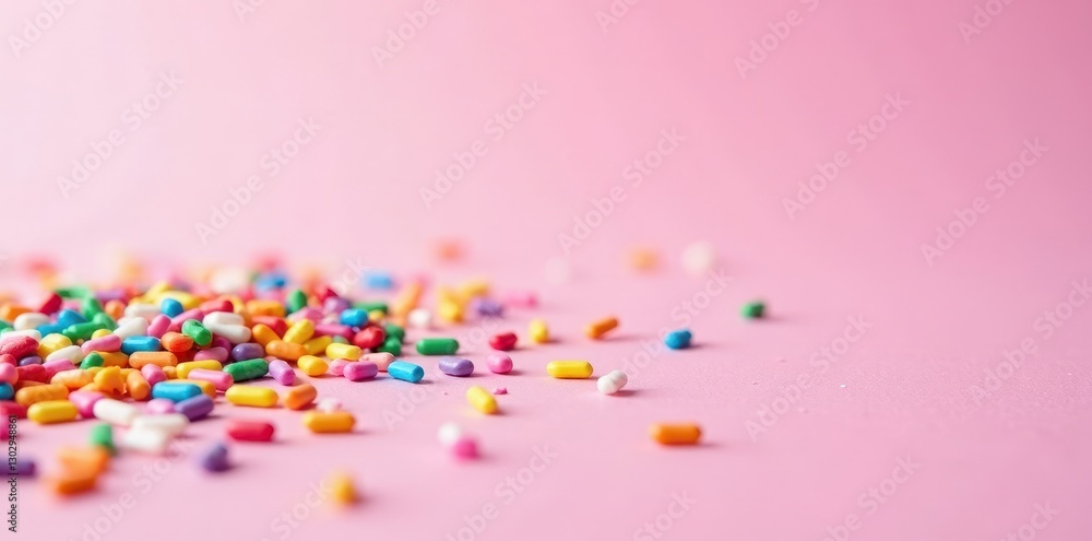 Vibrant rainbow sprinkles scattered on a pastel pink surface , party, pastel, sweet Vibrant rainbow sprinkles scattered on a pastel pink surface , party, pastel, sweet