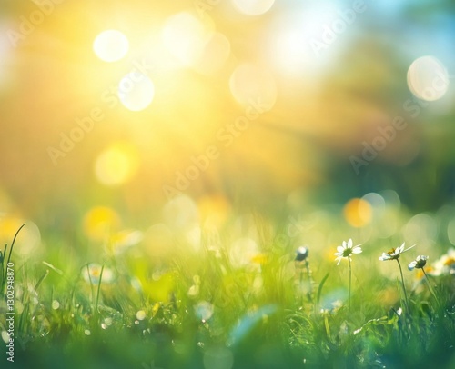 Sunny meadow with daisies and bokeh.