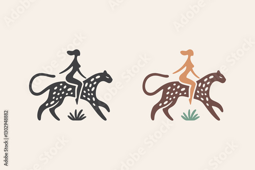 Boho abstract woman riding leopard in minimalistic style