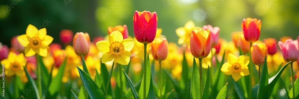 Vibrant tulips, daffodils burst forth against lush green backdrop, celebration, tulips, sunny Vibrant tulips, daffodils burst forth against lush green backdrop, celebration, tulips, sunny