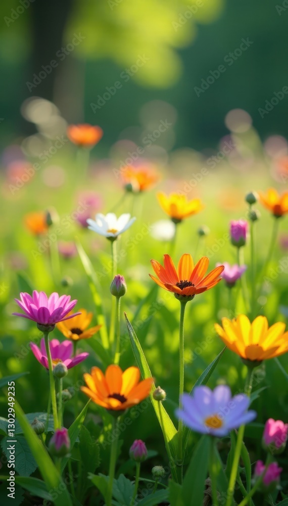 Fototapeta premium Vibrant wildflowers in lush meadow, sunlight dappled , wildflower field, wild, petal