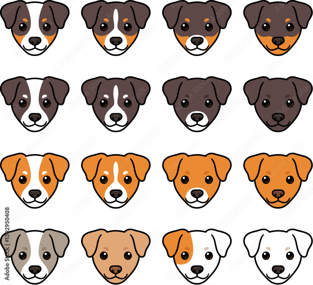 Obraz premium Cute cartoon Terrier colors and patterns set. Dog breed face markings. Vector clip art illustration.