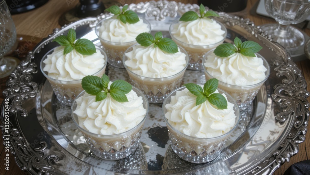 Elegant Mini Cupcakes Topped with Whipped Cream and Fresh Mint Leaves on Silver Platter Elegant Mini Cupcakes Topped with Whipped Cream and Fresh Mint Leaves on Silver Platter