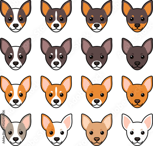 Cute cartoon Terrier colors and patterns set. Dog breed face markings. Vector clip art illustration.