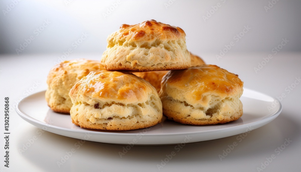 freshly baked scones on a plain white plate. No additional elements, just the scones and the plate, presented in a clean, minimalistic style. The scones should look golden brown and delicious, with a freshly baked scones on a plain white plate. No additional elements, just the scones and the plate, presented in a clean, minimalistic style. The scones should look golden brown and delicious, with a