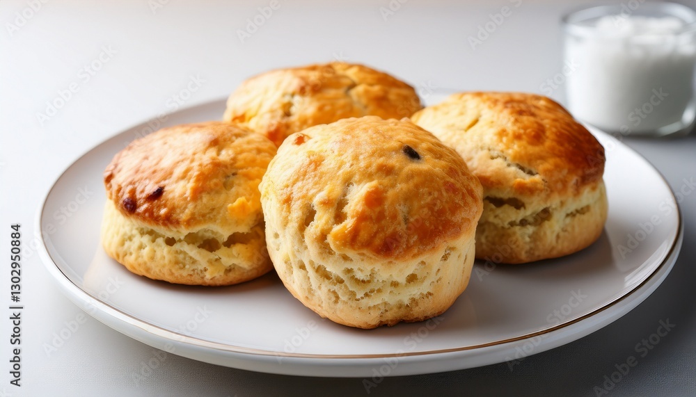 freshly baked scones on a plain white plate. No additional elements, just the scones and the plate, presented in a clean, minimalistic style. The scones should look golden brown and delicious, with a freshly baked scones on a plain white plate. No additional elements, just the scones and the plate, presented in a clean, minimalistic style. The scones should look golden brown and delicious, with a
