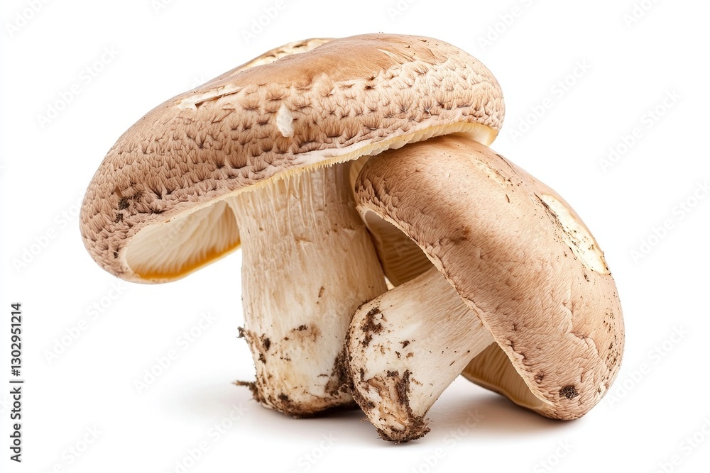 Close-up of two fresh, earthy mushrooms on a white background, ideal for culinary use Close-up of two fresh, earthy mushrooms on a white background, ideal for culinary use
