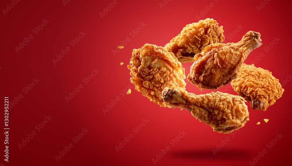 Fototapeta premium floating fried chickens on air in red clean background