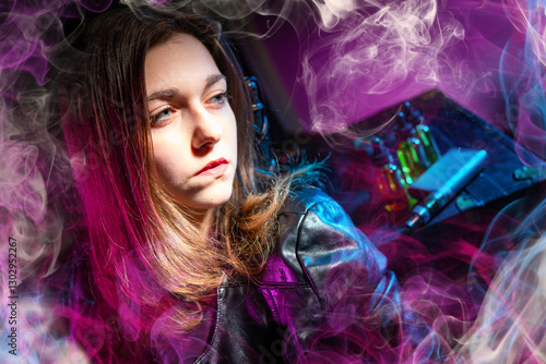 Vaper girl. Woman smoking v...