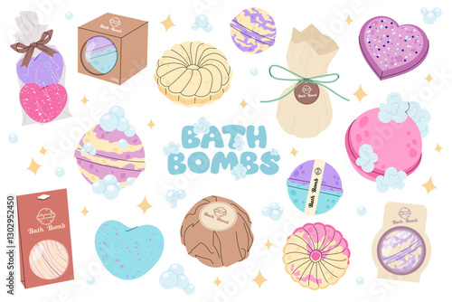 Set of bath bombs. Aroma cosmetic product  for body care. Сhildren hygiene procedure. Foam and bubbles illustration.