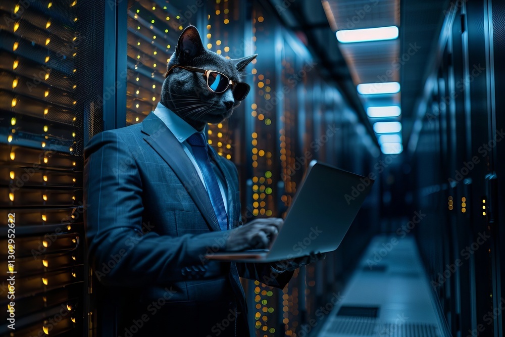 Obraz premium IT Professional Admin Working on Laptop in Data Center Next to Server Racks Performing Diagnostics and Maintenance