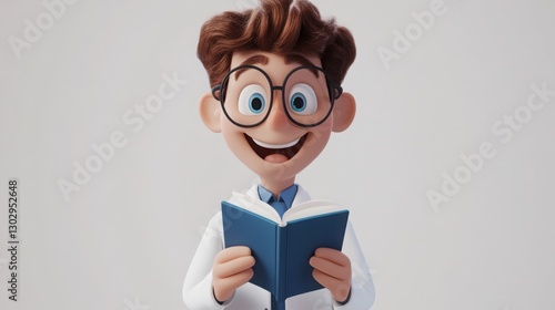 Excited 3D cartoon student wearing a lab coat and holding a chemistry book, standing against a light gray background