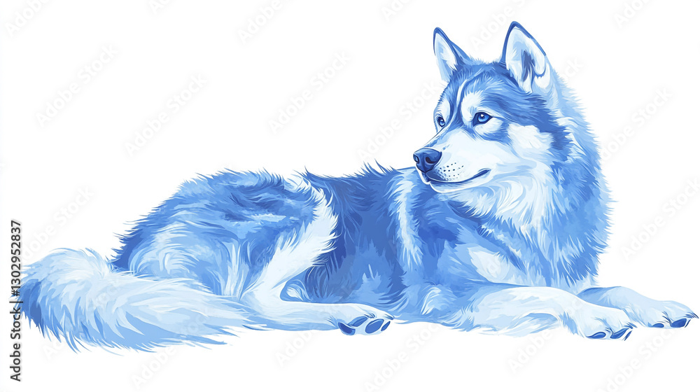 Naklejka premium Majestic Blue Husky Dog Lying Down Peaceful Canine Portrait Animal Illustration