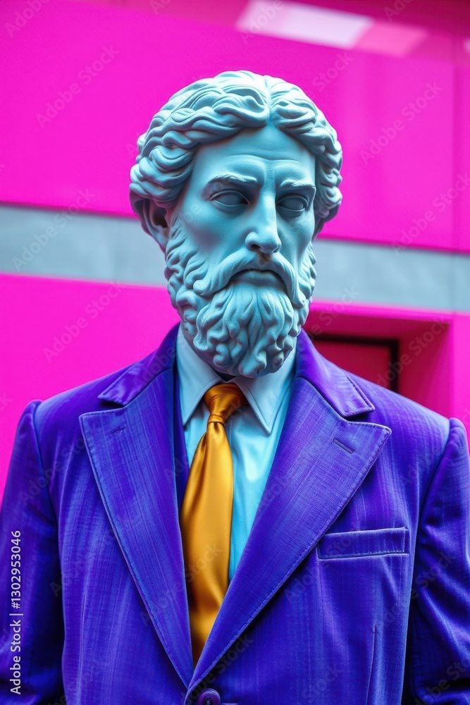 Classical bust in vibrant suit, blending history with contemporary fashion for a unique, eye-catching style. Classical bust in vibrant suit, blending history with contemporary fashion for a unique, eye-catching style.
