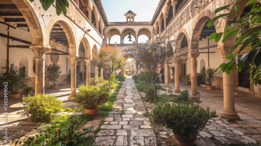 Naklejka premium Tranquil Courtyard Oasis: Embracing Nature and Architecture