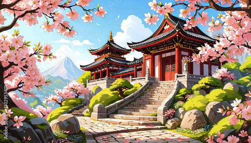 Japanese pagodas with sakura, vibrant colors, spring temple scenery