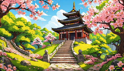 Japanese pagodas with sakura, vibrant colors, spring temple landscape