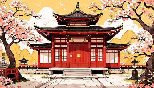 Japanese pagoda with sakura trees, vibrant colors, traditional architecture