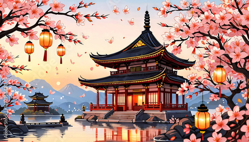 Japanese pagoda with sakura trees and lanterns, vibrant colors, evening landscape