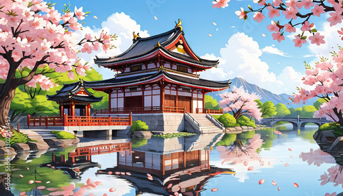 Japanese pagoda with sakura trees, vibrant colors, spring temple landscape