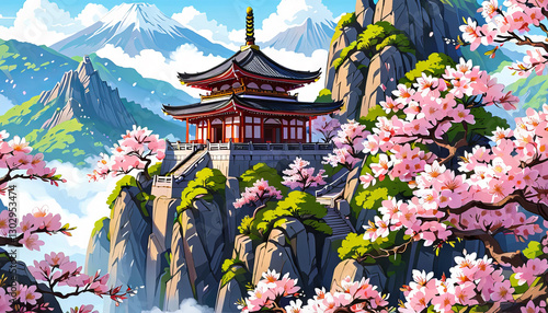 Pagoda on cliff with sakura blossoms, bright colors, Japanese mountain landscape