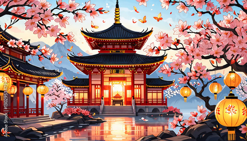 Japanese pagoda with sakura trees and lanterns, vibrant colors, evening temple landscape