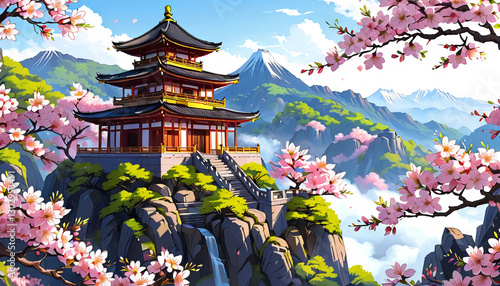 pagoda on cliff with sakura blossoms, bright colors, Japanese mountain landscape
